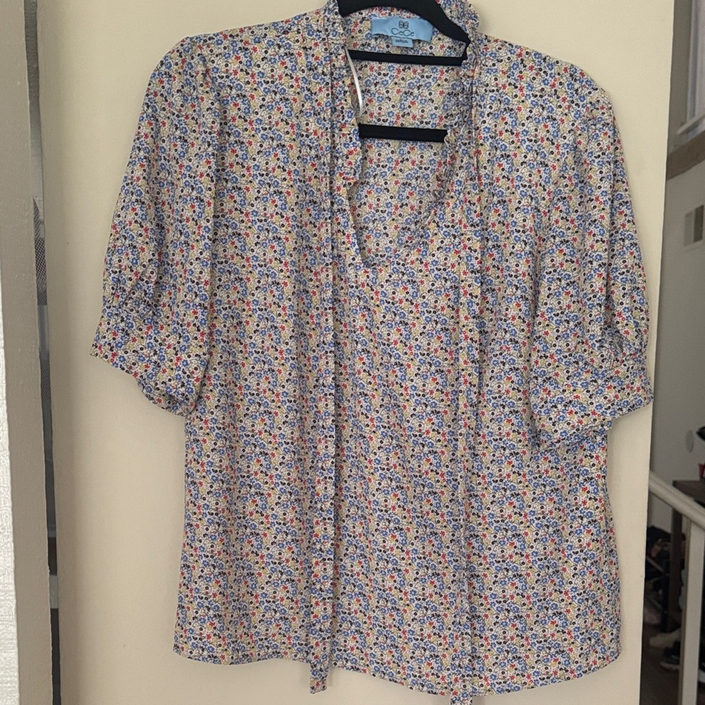 CeCe Cream Floral Tie-Front Top with Blue & Red Accents